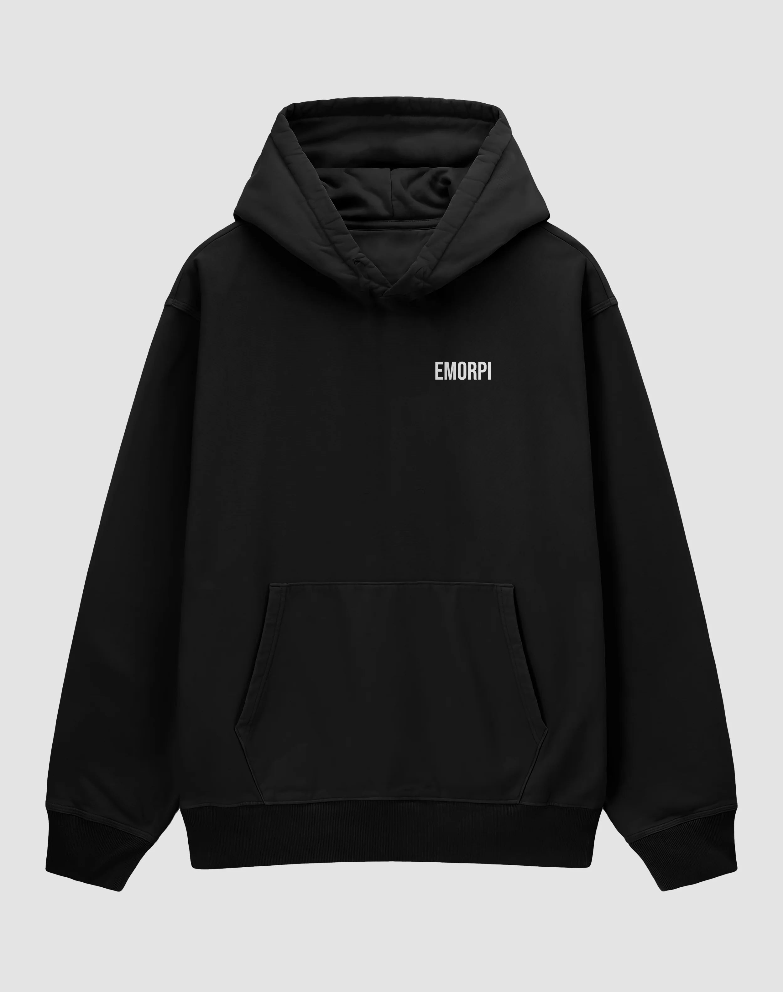 Emorpi siyah oversize motorcu hoodie, önden görünüm, göğüste küçük Emorpi yazısı